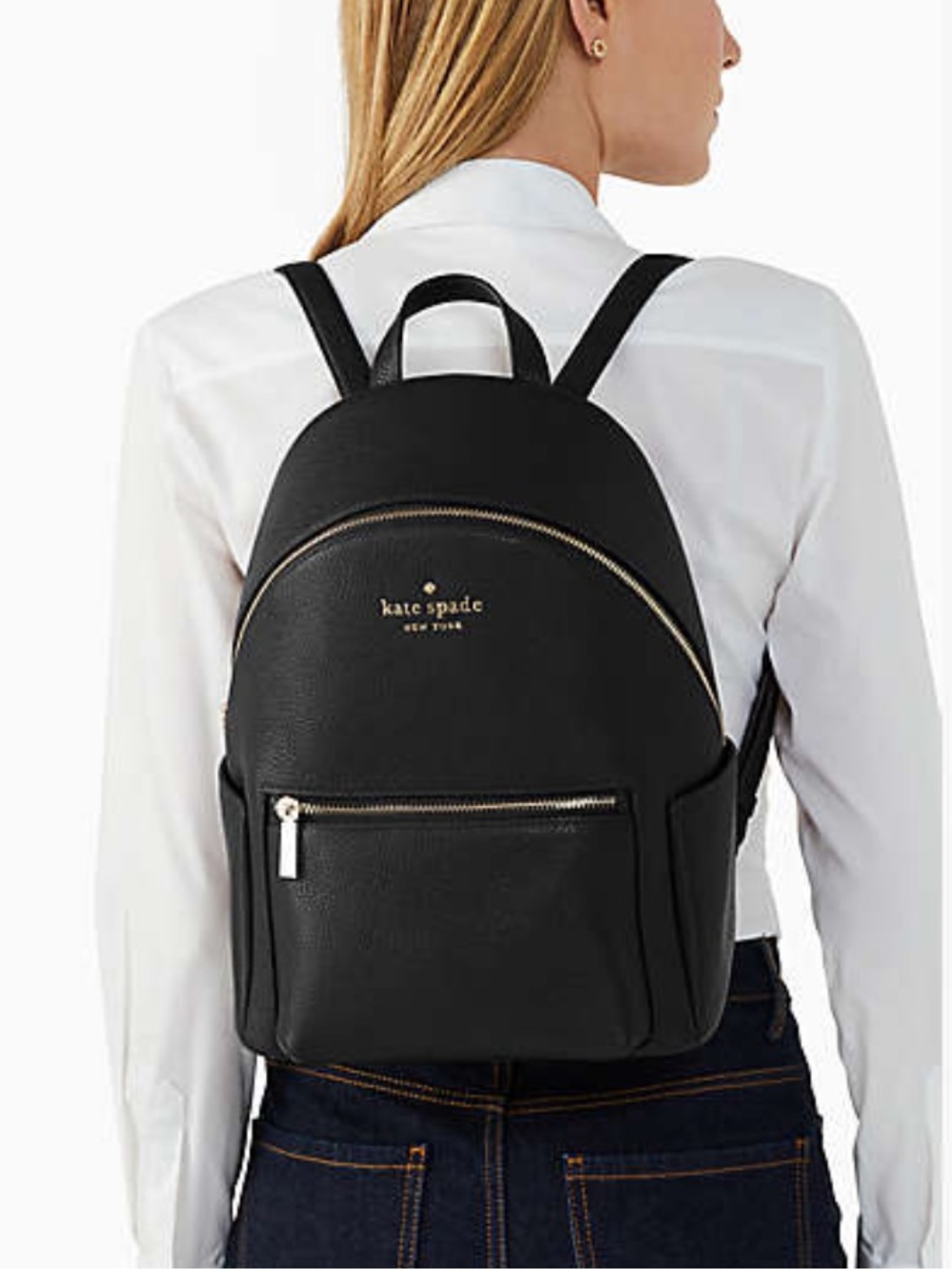 kate spade Leila Dome Black Pebbled Leather Gold Hardware zipper backpack